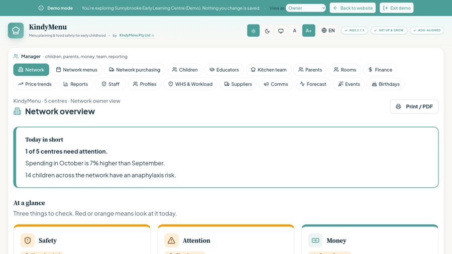 KindyMenu demo: Network overview screen