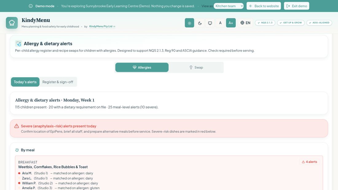 Demo: allergy and dietary alerts